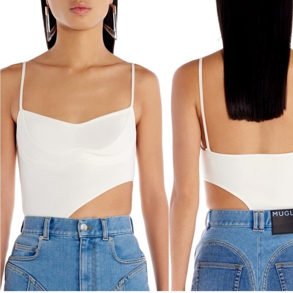 New! MUGLER Women’s Asymmetric
Cutout Bodysuit in Ivory Size XS $760